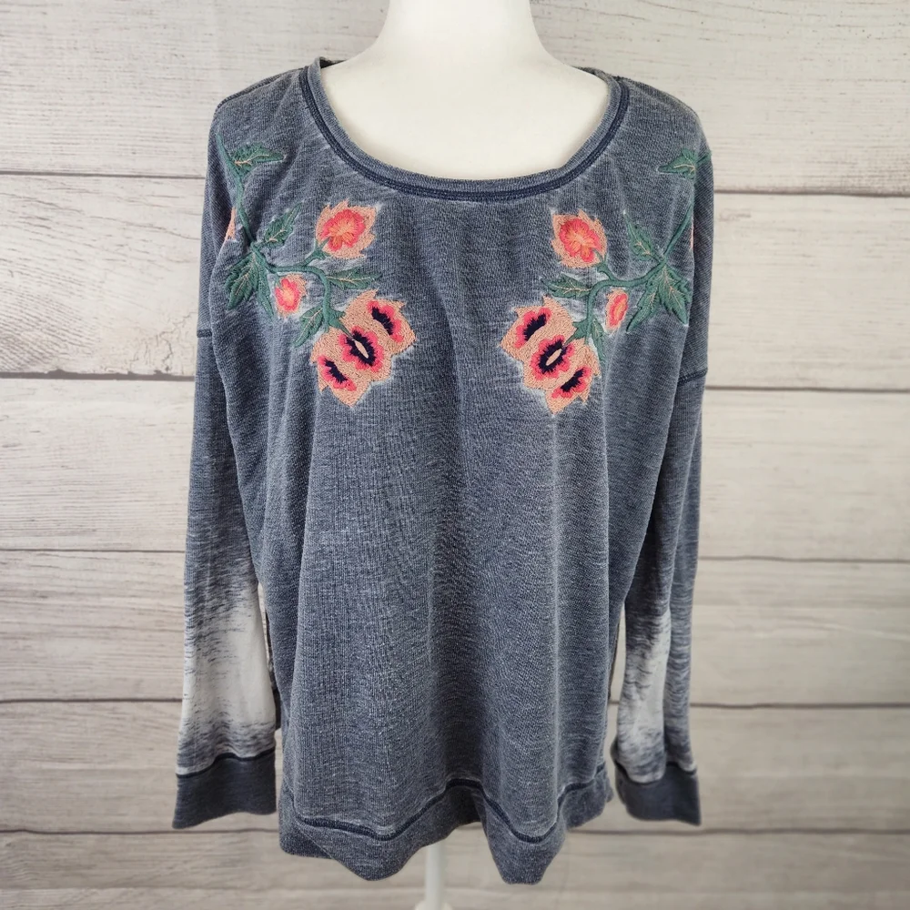 Lucky Brand Distressed Floral Embroidered Scoop Neck Sweater